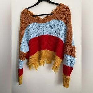 Shein Colorful Striped Boho Raw Hem Oversized Sweater • S Small